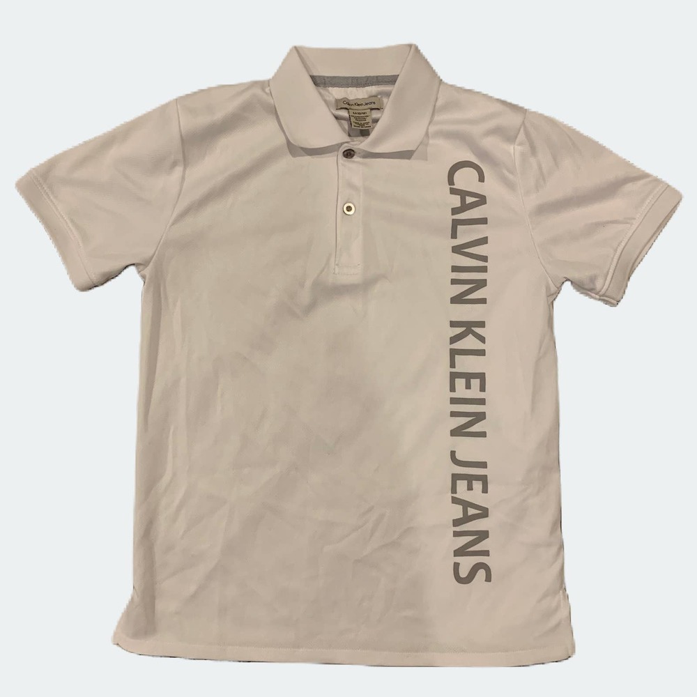 Calvin Klein Jeans Polo Shirt White 100%‎ Polyester Boy’s Size Medium 10/12